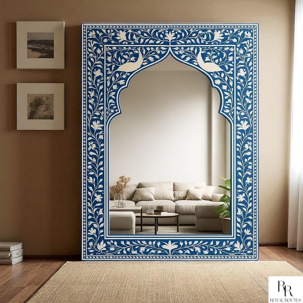 Blue Floral Bone Inlay Arch Mirror — photo 3