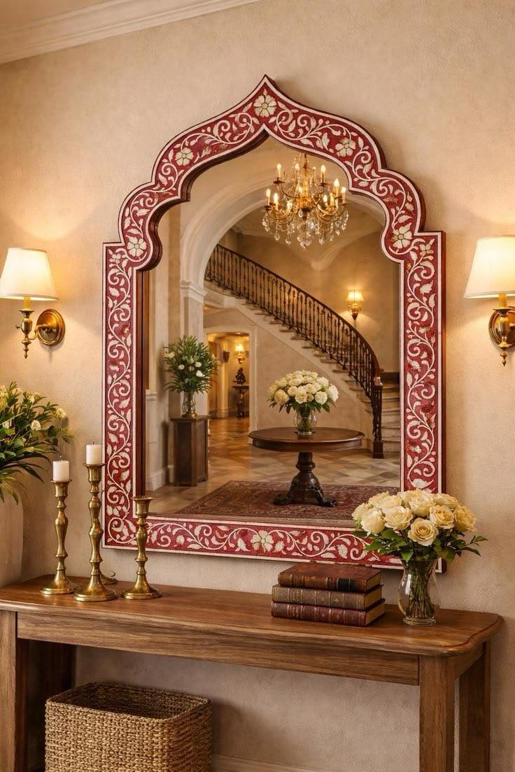 Red Floral Bone Inlay Arch Mirror — photo 3