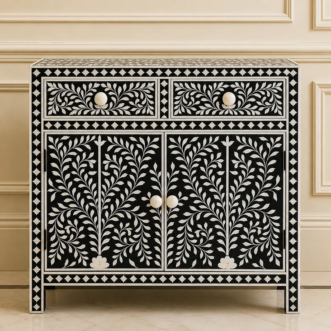 Black Floral Bone Inlay Cabinet