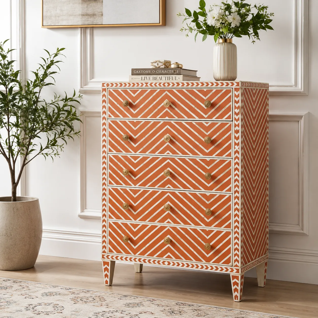 Click to view full screen Terracotta Chevron Bone Inlay Chest