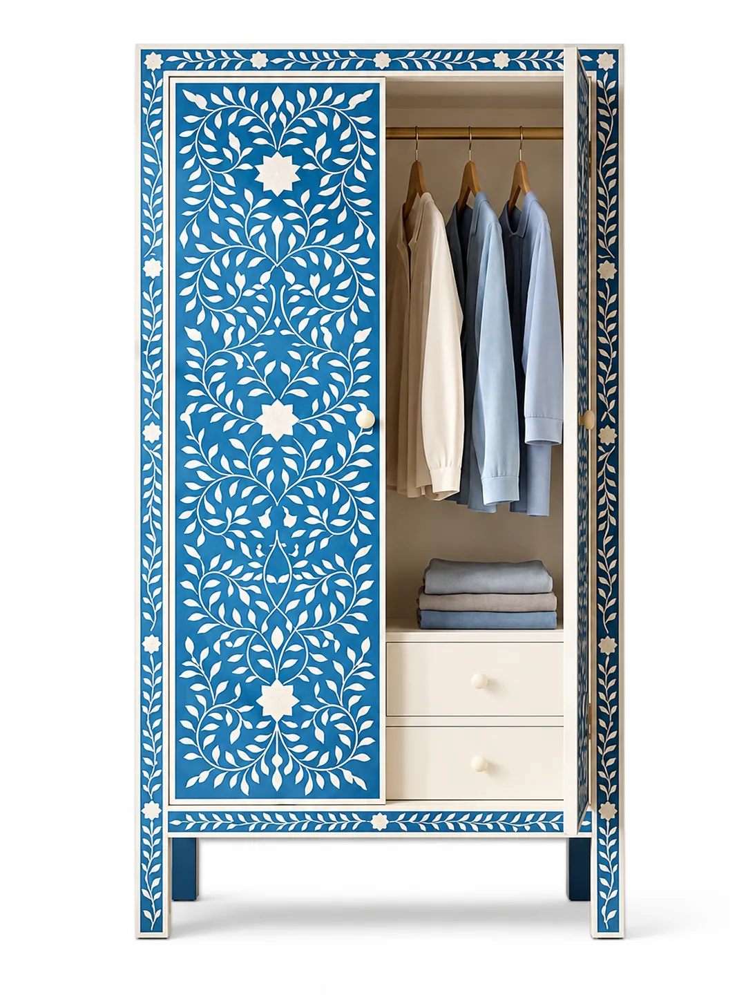 Click to view full screen Blue Floral Bone Inlay Wardrobe