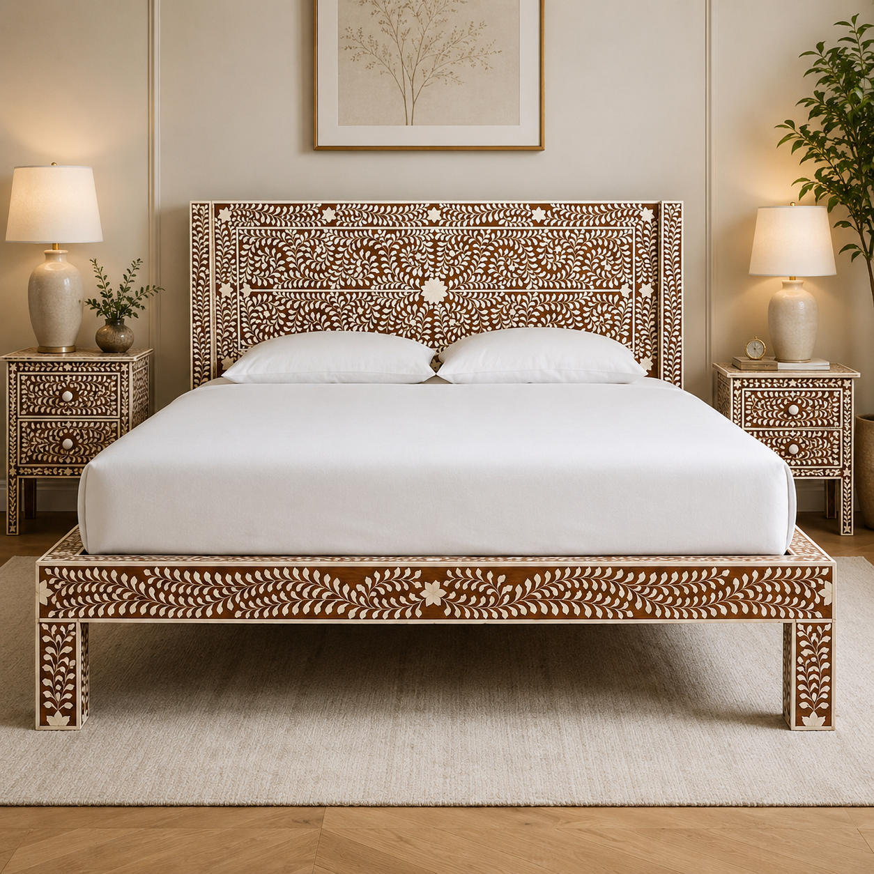 Brown Floral Bone Inlay Bed