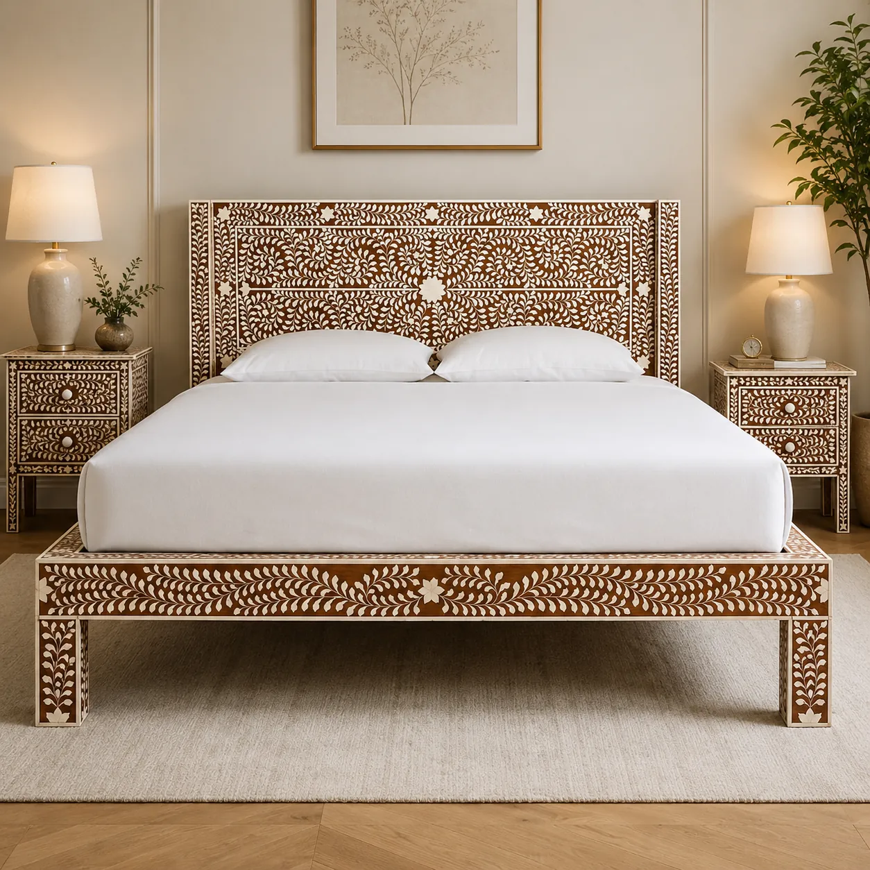 Brown Floral Bone Inlay Bed