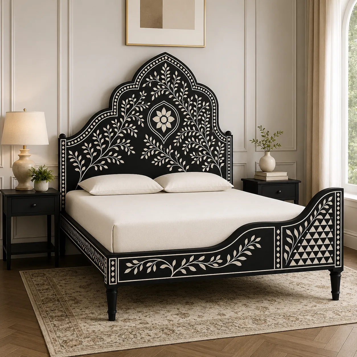 Click to view full screen Black Arched Bone Inlay Bed