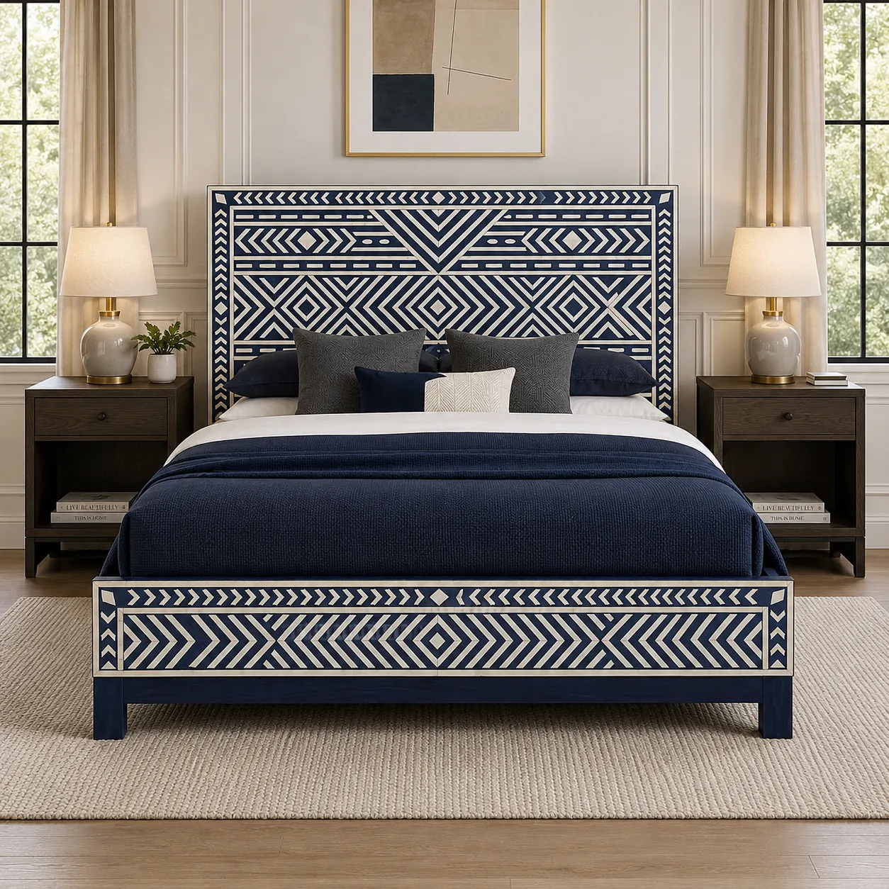 Click to view full screen Navy Geometric Bone Inlay Bed
