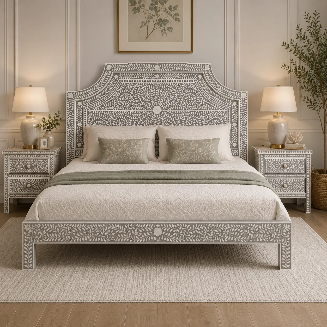 Grey Floral Bone Inlay Bed