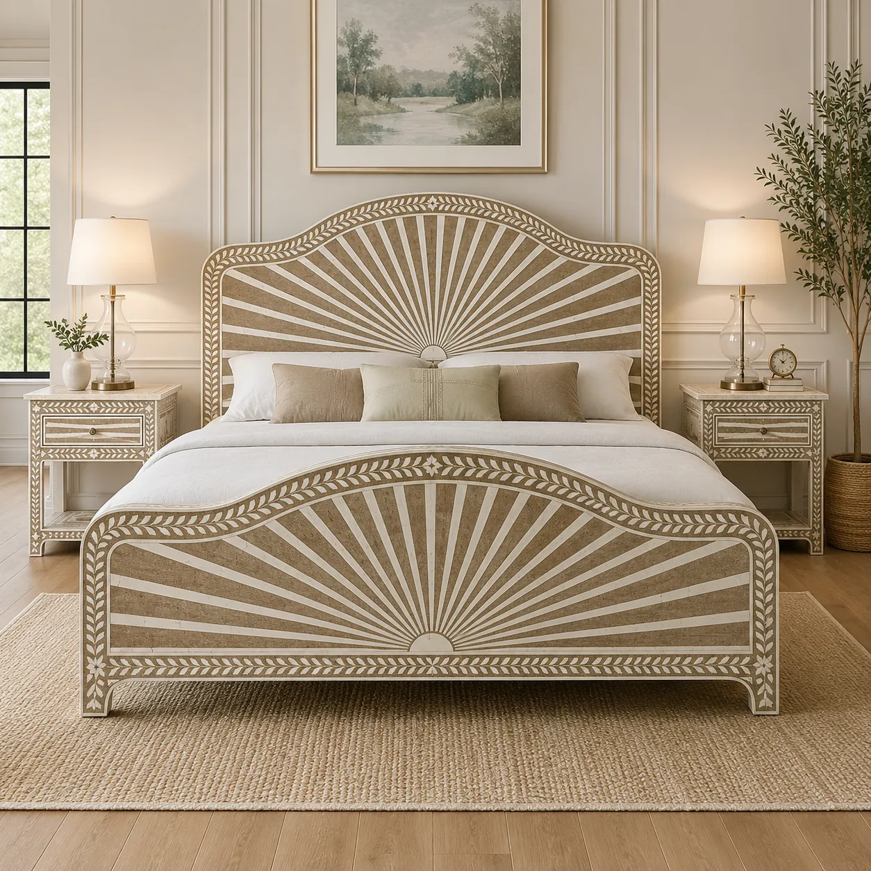 Click to view full screen Beige Sunburst Bone Inlay Bed