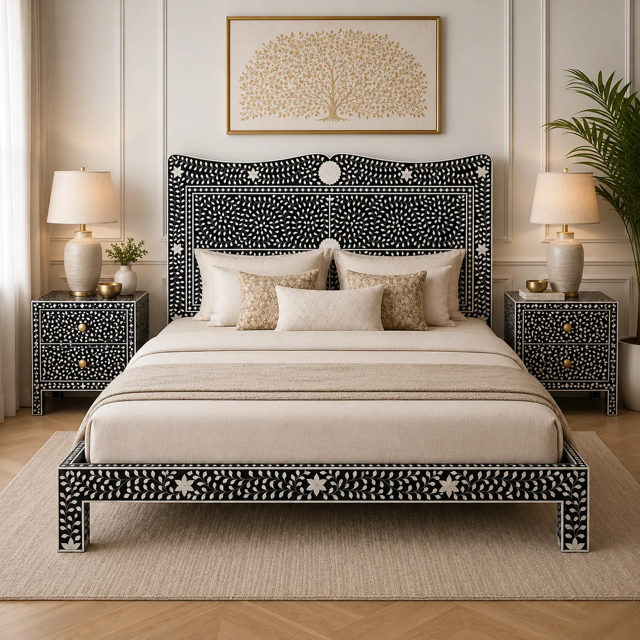 Click to view full screen Black Classic Floral Bone Inlay Bed