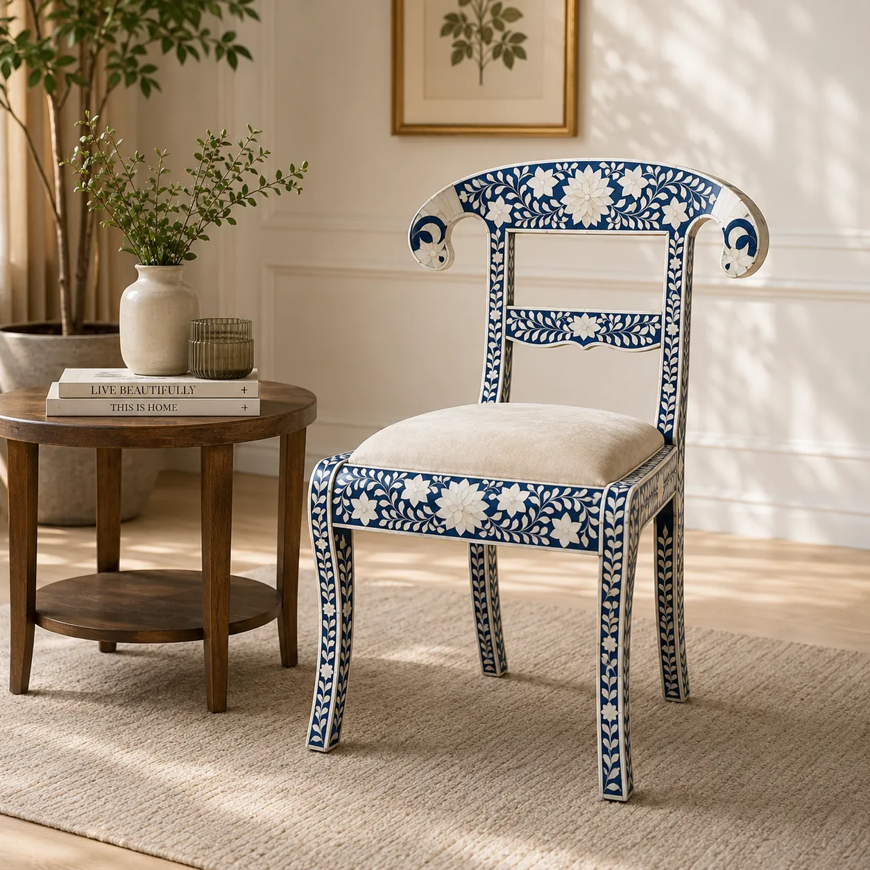 Blue Floral Bone Inlay Chair