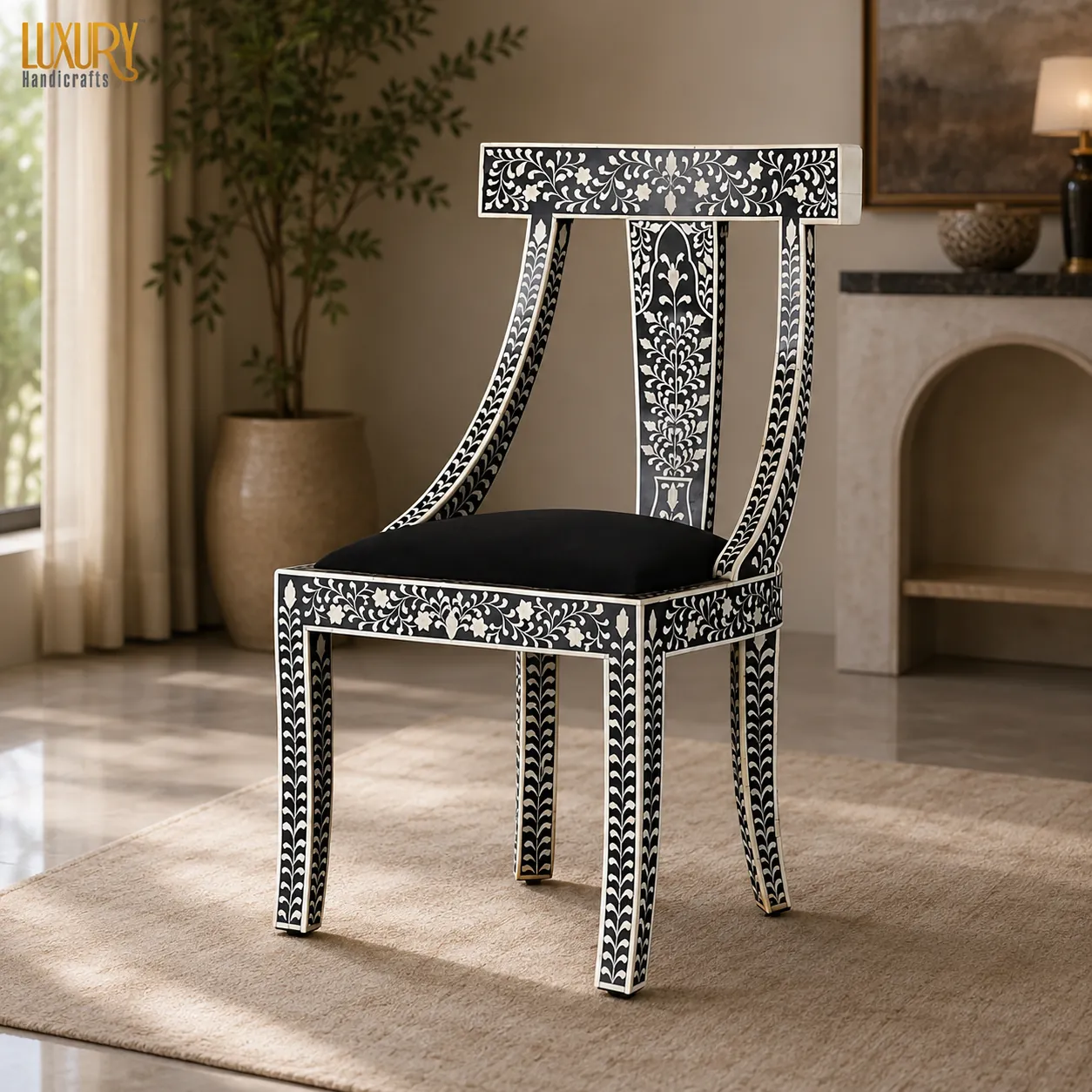 Click to view full screen Black Sweeping Floral Bone Inlay Chair
