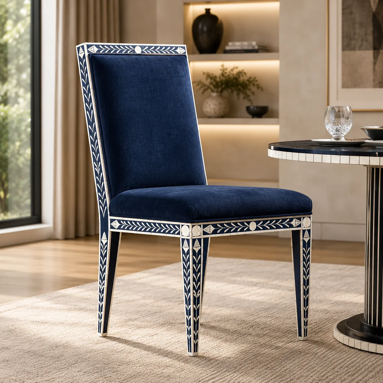 Blue Velvet Bone Inlay Chair