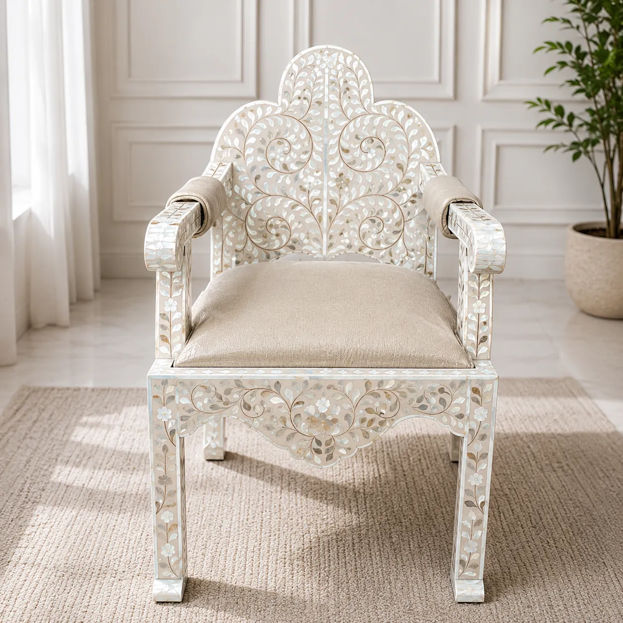 White Ornate Bone Inlay Armchair