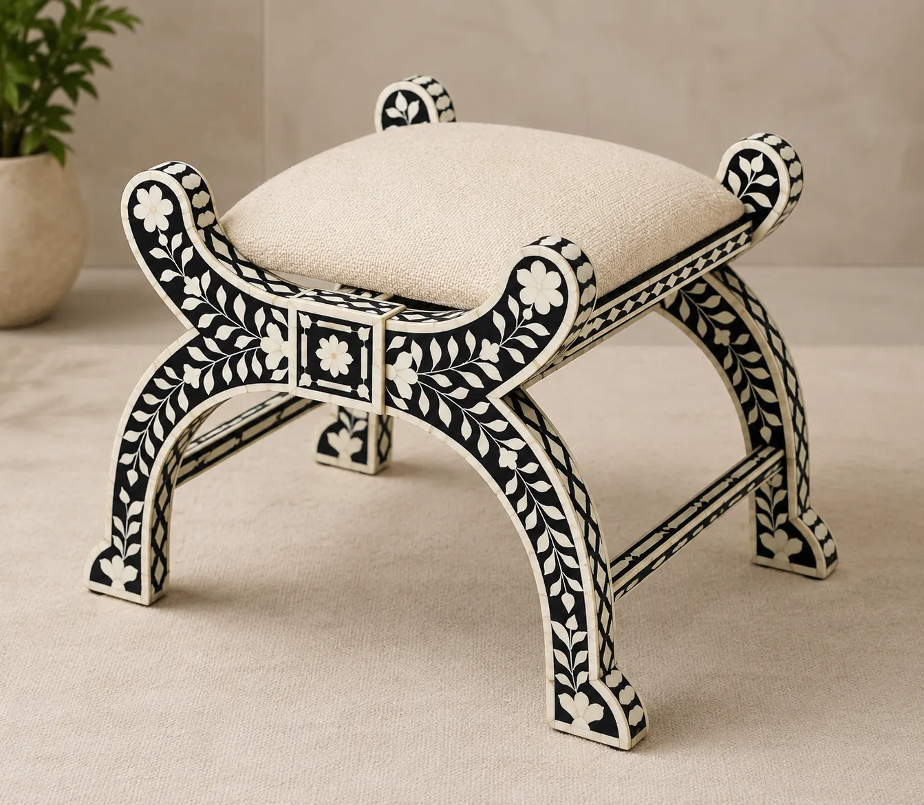 Click to view full screen Black Bone Inlay Curule Stool