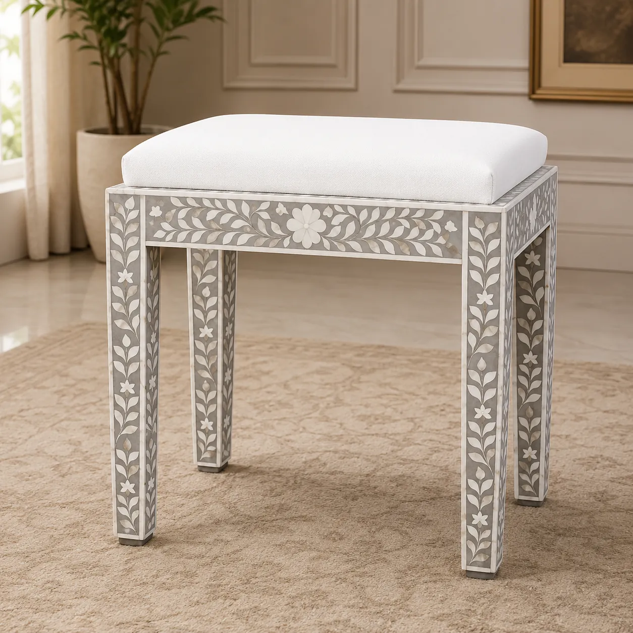 Grey Floral Bone Inlay Stool