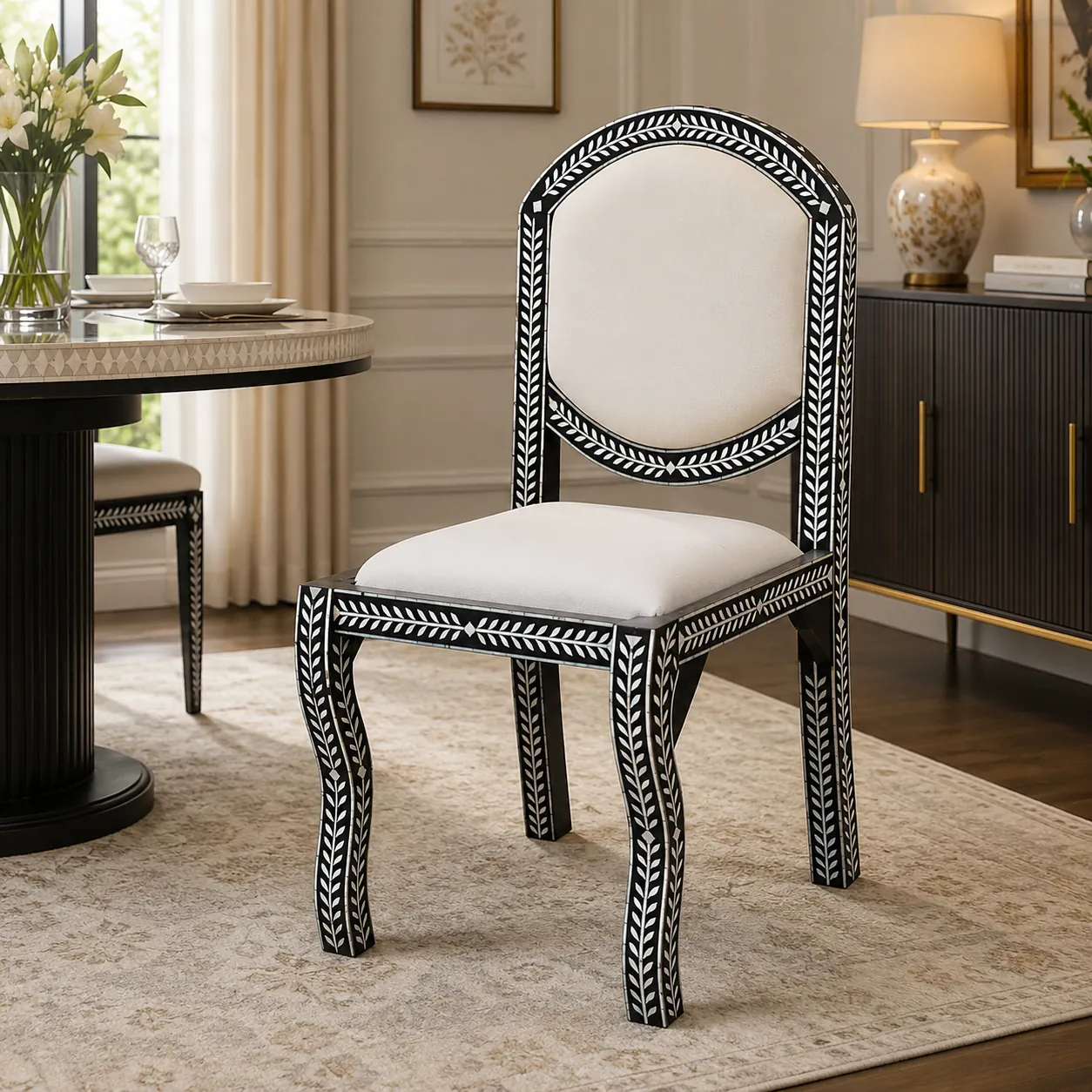 Black Leaf Bone Inlay Dining Chair