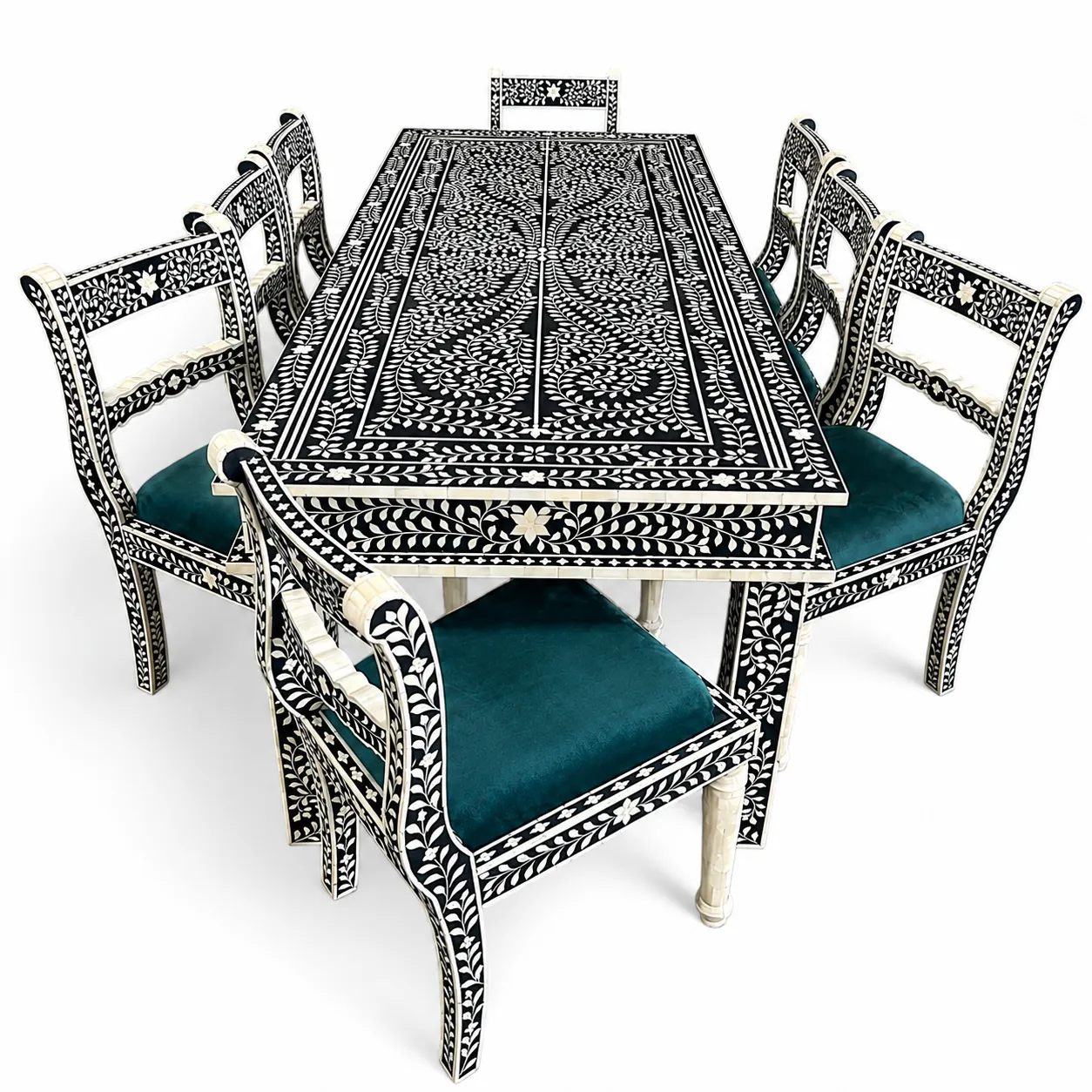 Click to view full screen Black Floral Bone Inlay Dining Set
