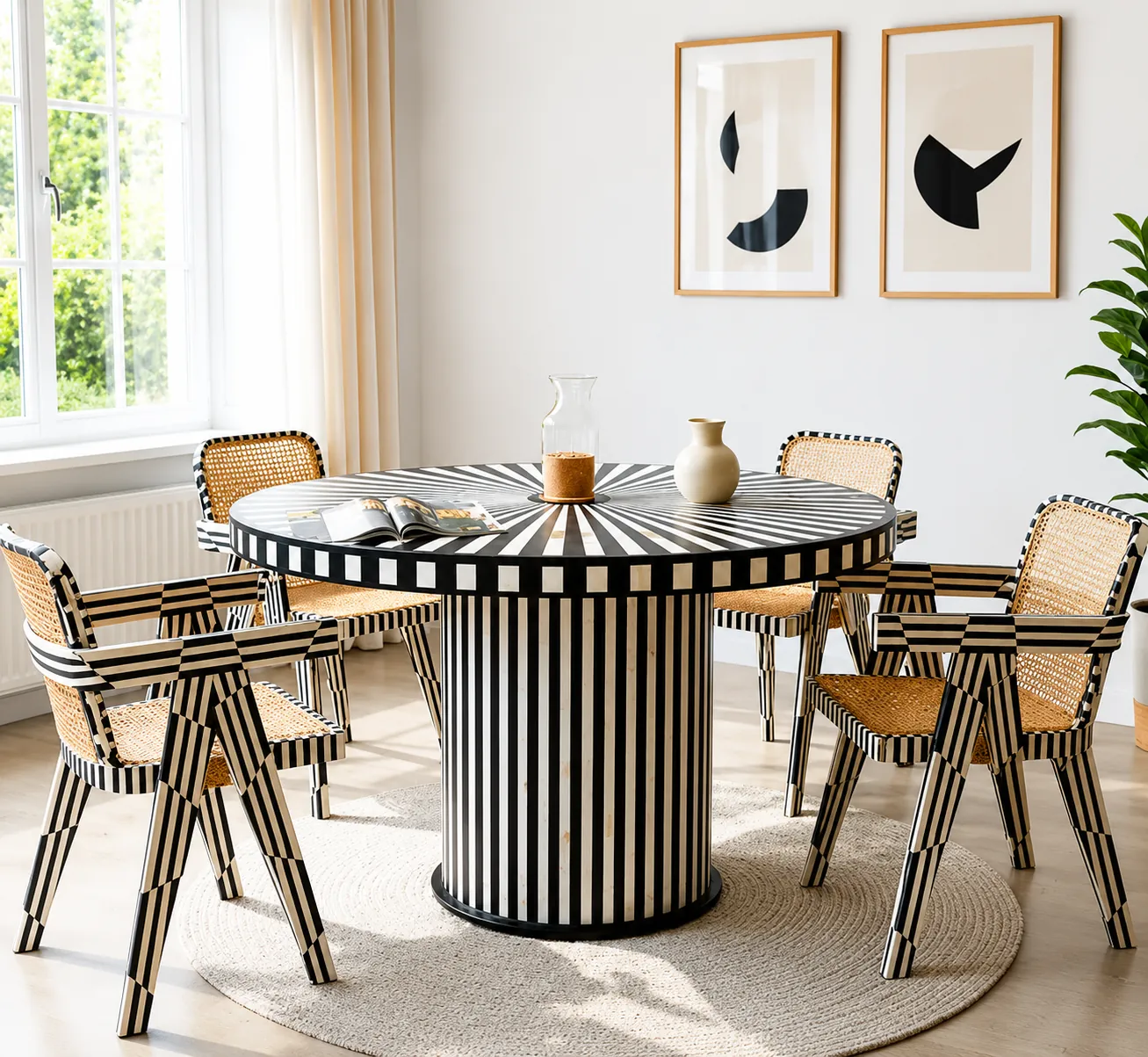 Click to view full screen Black & White Geometric Bone Inlay Dining Set