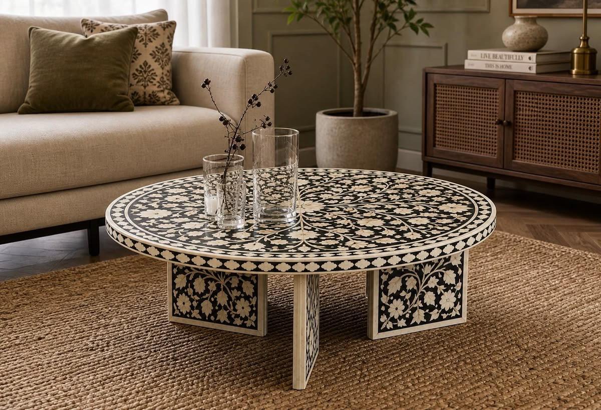 Black & White Floral Bone Inlay Coffee Table — photo 3