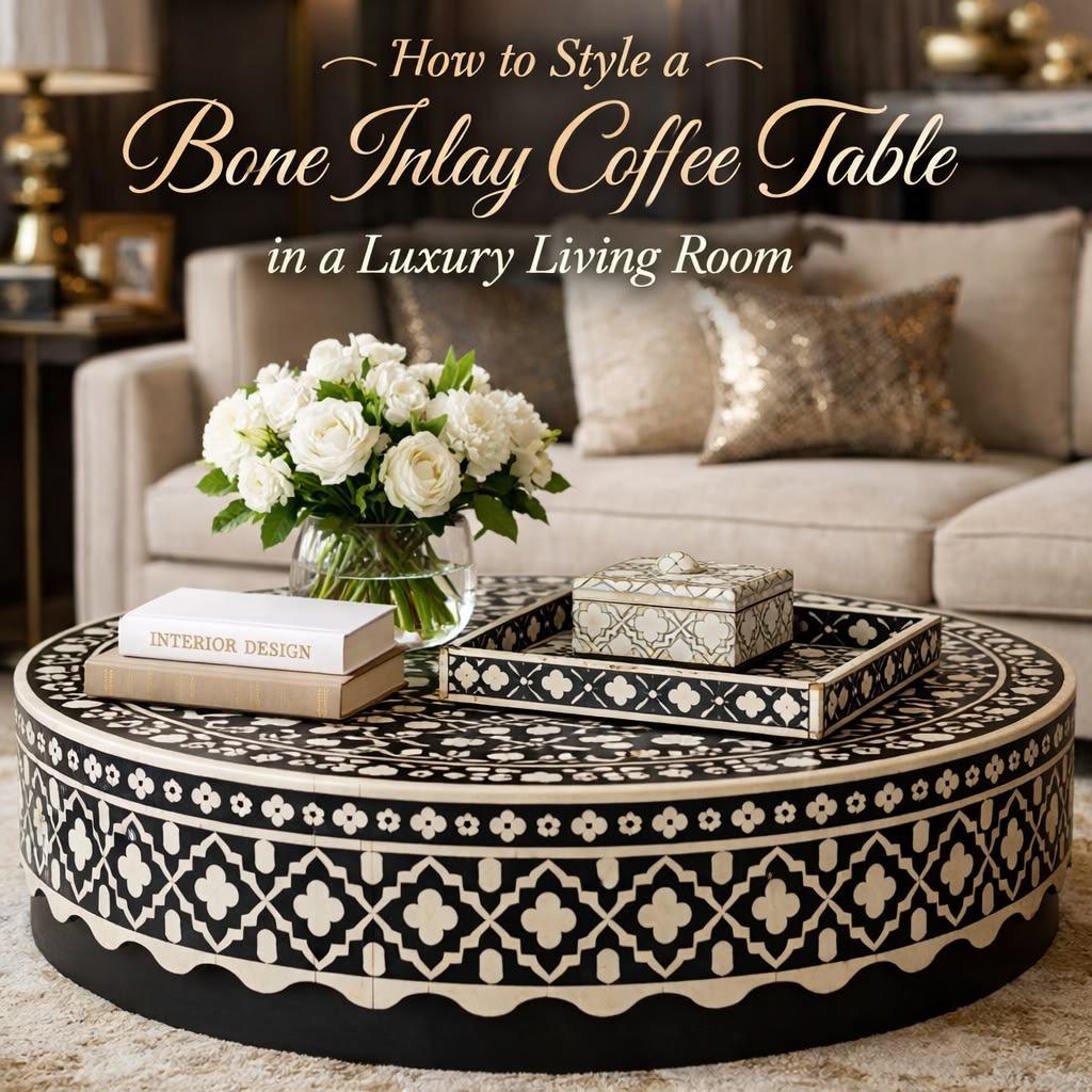Click to view full screen Black & White Geometric Bone Inlay Coffee Table