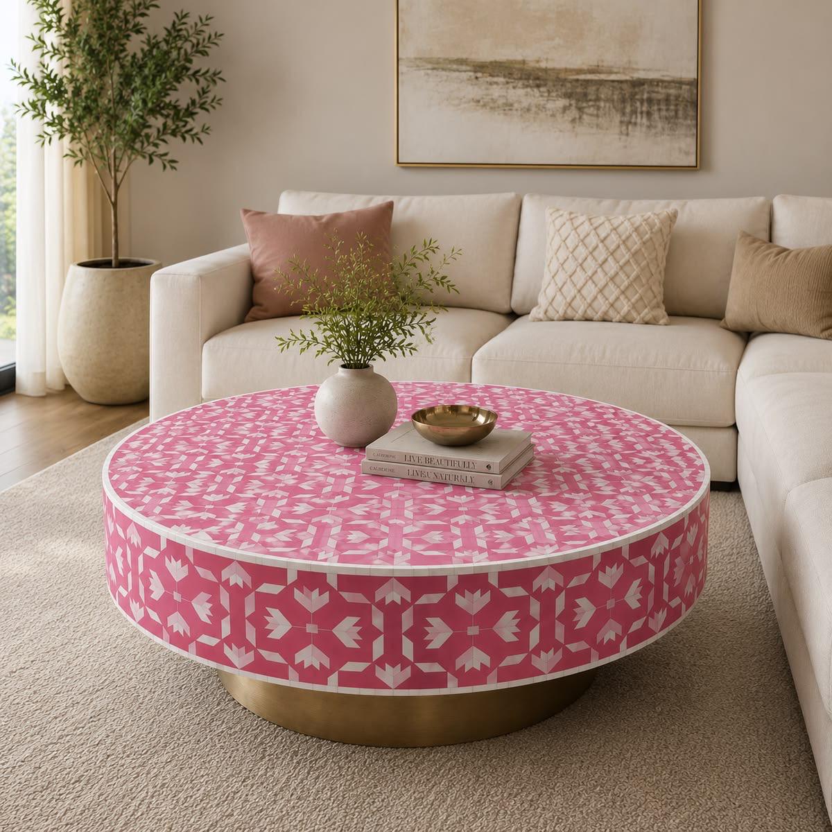 Pink Geometric Bone Inlay Coffee Table — photo 3