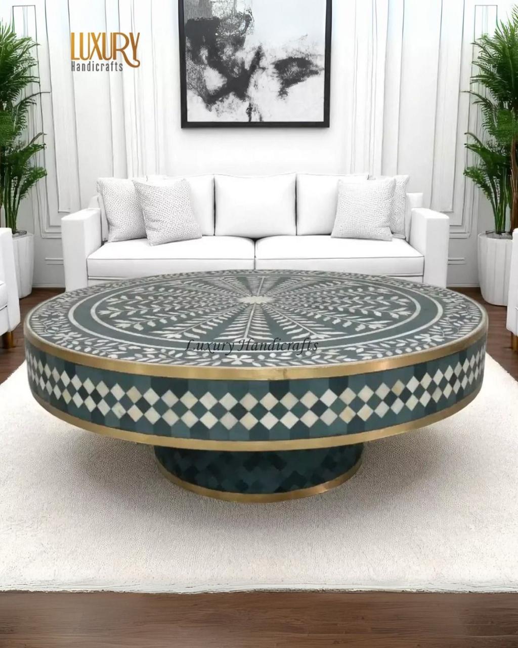 Teal Leaf Bone Inlay Round Coffee Table — photo 4