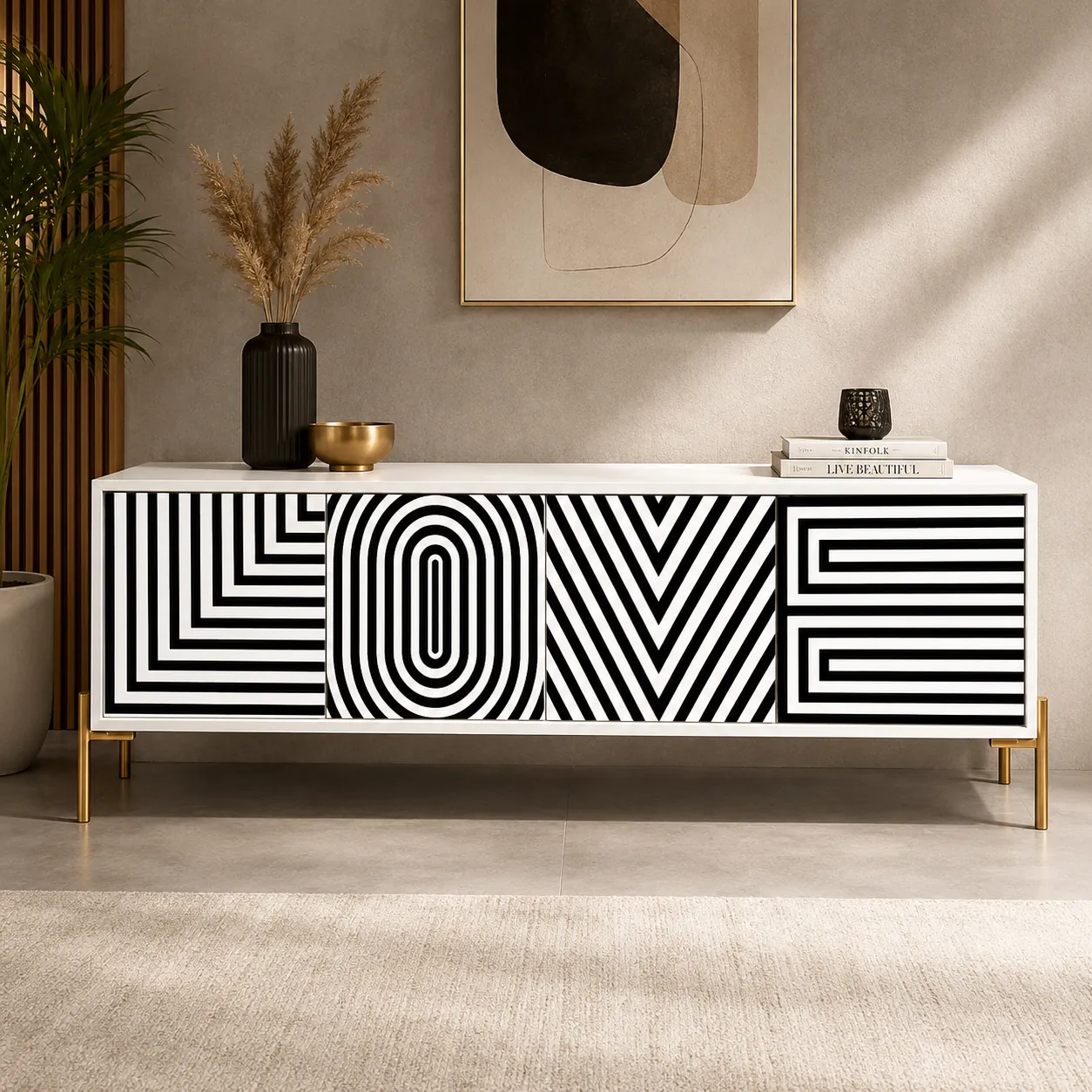 Monochrome Op-Art Bone Inlay Sideboard