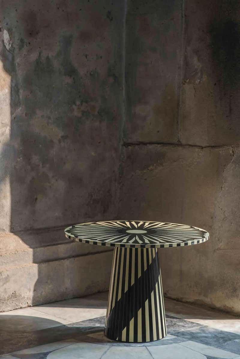 Black & White Striped Bone Inlay Side Table