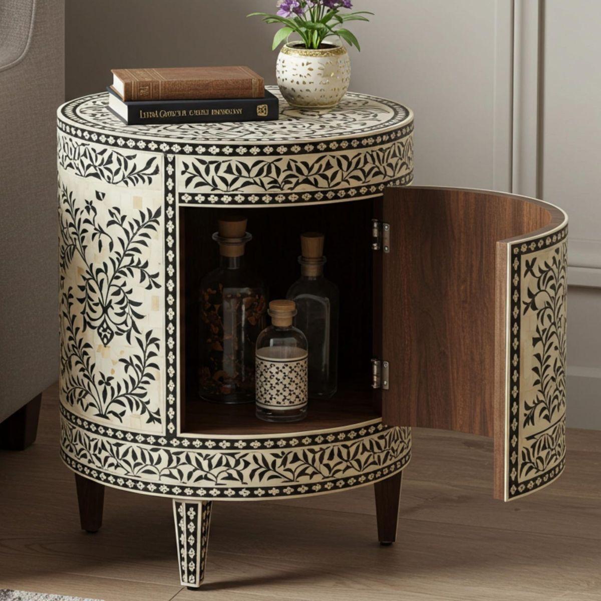 Blue Geometric Bone Inlay Bedside Table — photo 2