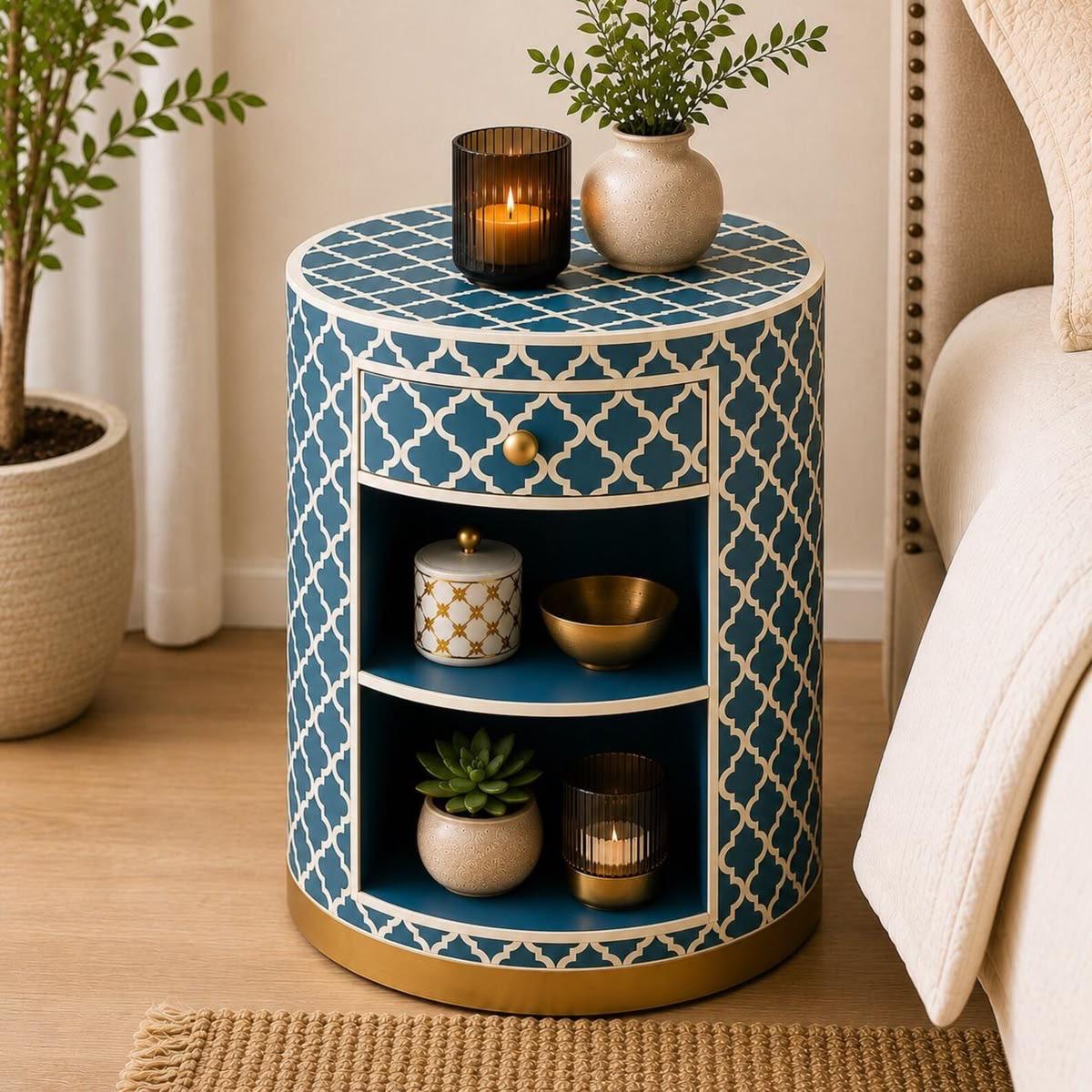 Blue Geometric Bone Inlay Bedside Table — photo 3