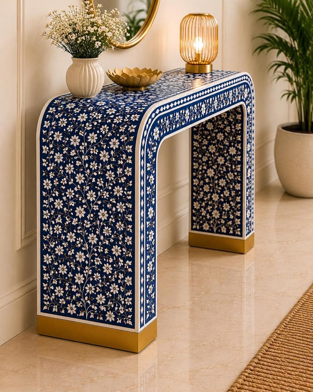 Navy Blue Floral Bone Inlay Console Table — photo 2